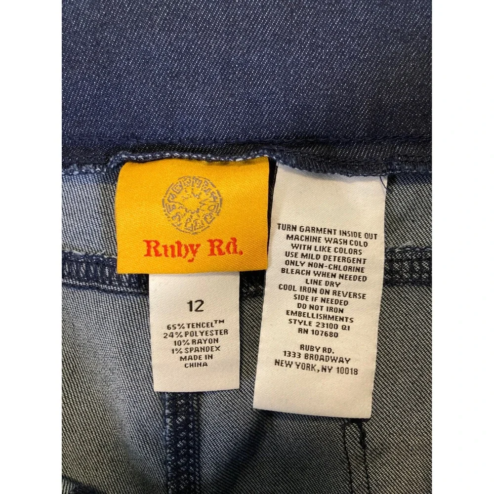 Boho Floral Ruby Rd. Womens 12 Blue Embroidered Pull-On Cropped Jeans 23100 QI‎